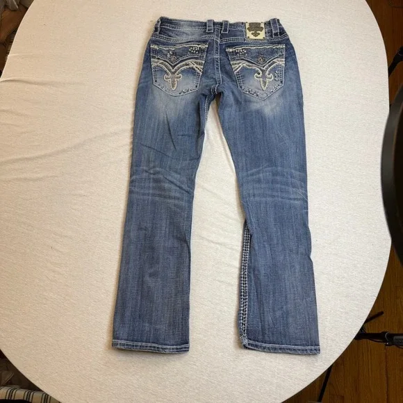 Mens rock revival Jeans Straight Leg Embellished Detail Blue Wash Size 32x30 Y2K